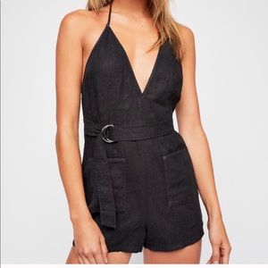 Free People Easy Does It Black Linen Halter Romper